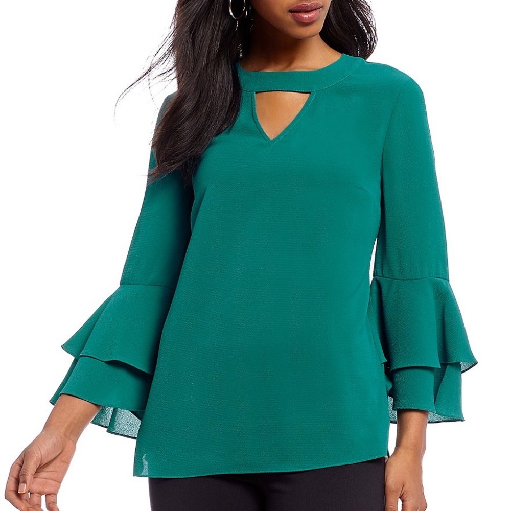 Teal Double Bell Sleeve Choker Blouse